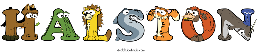 Halston animal word art spelling Halston with Alphabetimals - cartoon alphabet animals