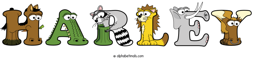 Harley animal word art spelling Harley with Alphabetimals - cartoon alphabet animals
