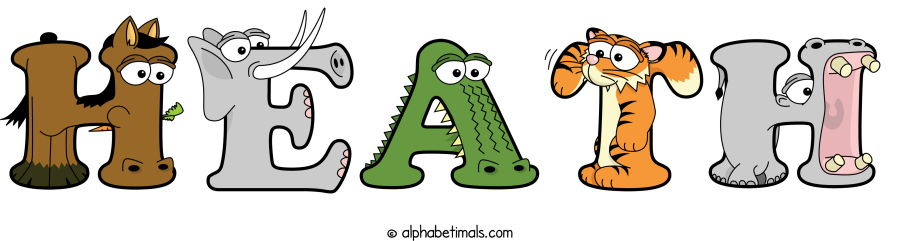 Heath animal word art spelling Heath with Alphabetimals - cartoon alphabet animals