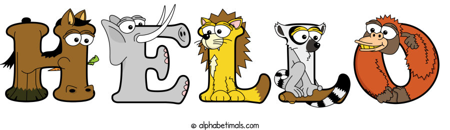 Hello animal word art spelling Hello with Alphabetimals - cartoon alphabet animals
