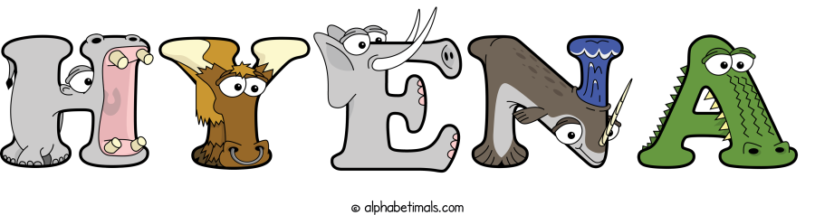 Hyena animal word art spelling Hyena with Alphabetimals - cartoon alphabet animals