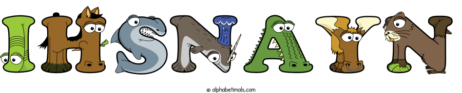Ihsnayn animal word art spelling Ihsnayn with Alphabetimals - cartoon alphabet animals