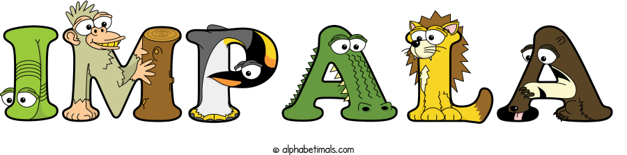 Impala animal word art spelling Impala with Alphabetimals - cartoon alphabet animals