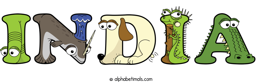 India animal word art spelling India with Alphabetimals - cartoon alphabet animals