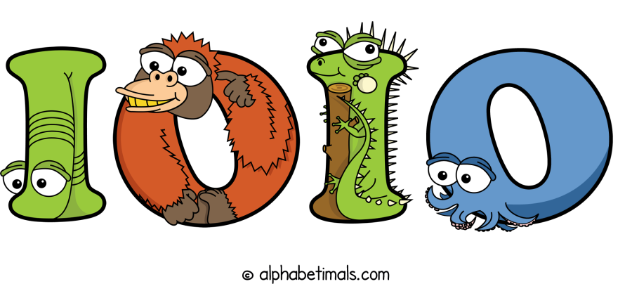 Ioio animal word art spelling Ioio with Alphabetimals - cartoon alphabet animals