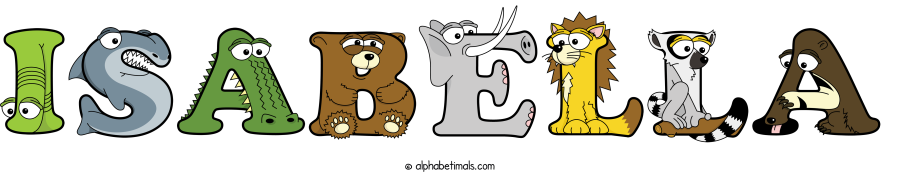 Isabella animal word art spelling Isabella with Alphabetimals - cartoon alphabet animals