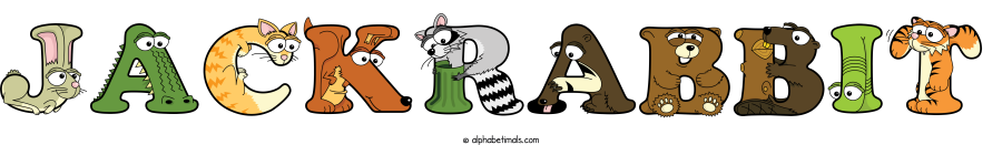 Jackrabbit animal word art spelling Jackrabbit with Alphabetimals - cartoon alphabet animals