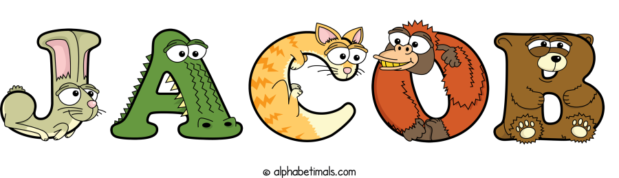 Jacob animal word art spelling Jacob with Alphabetimals - cartoon alphabet animals