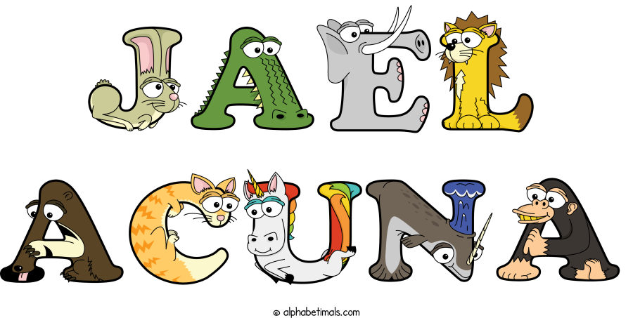 Jael Acuna animal word art spelling Jael Acuna with Alphabetimals - cartoon alphabet animals