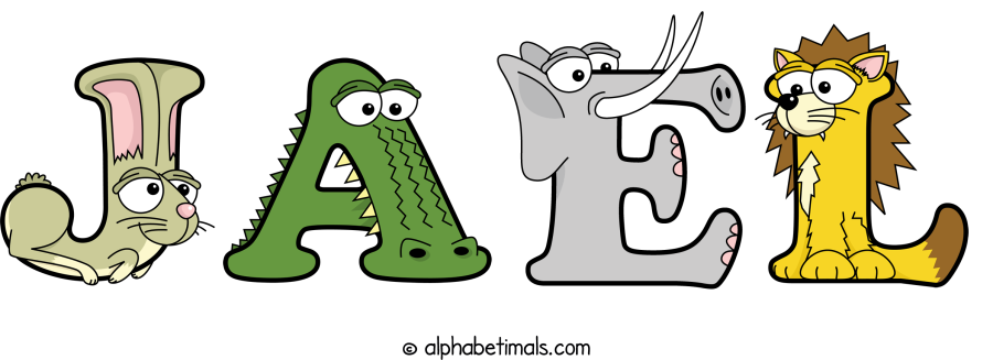 Jael animal word art spelling Jael with Alphabetimals - cartoon alphabet animals