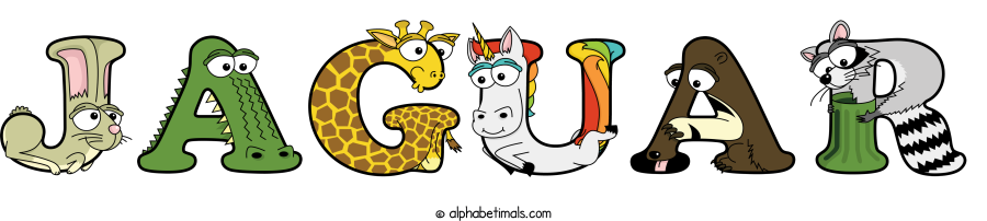 Jaguar animal word art spelling Jaguar with Alphabetimals - cartoon alphabet animals