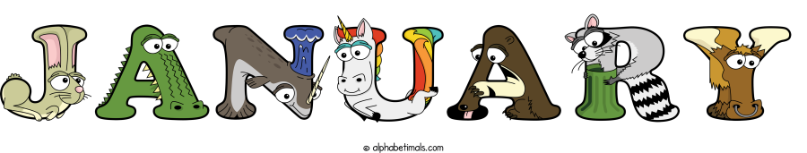 January animal word art spelling January with Alphabetimals - cartoon alphabet animals