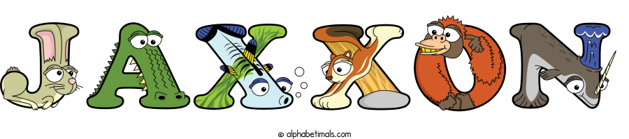 Jaxxon animal word art spelling Jaxxon with Alphabetimals - cartoon alphabet animals