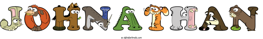 Johnathan animal word art spelling Johnathan with Alphabetimals - cartoon alphabet animals