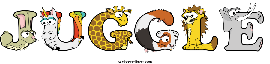 Juggle animal word art spelling Juggle with Alphabetimals - cartoon alphabet animals