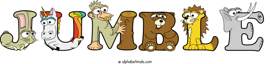 Jumble animal word art spelling Jumble with Alphabetimals - cartoon alphabet animals