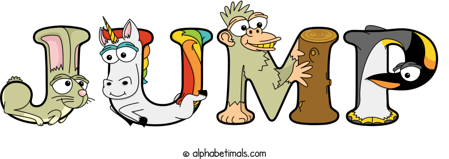 Jump animal word art spelling Jump with Alphabetimals - cartoon alphabet animals