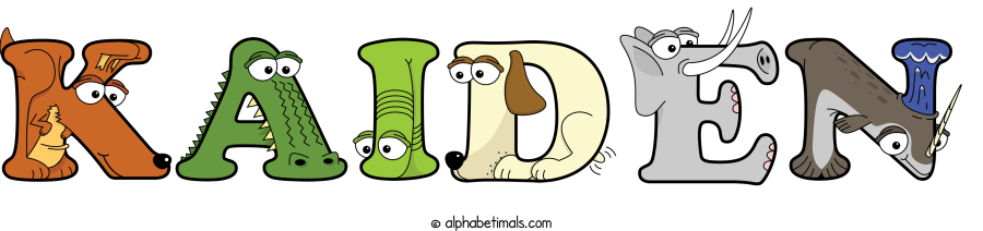 Kaiden animal word art spelling Kaiden with Alphabetimals - cartoon alphabet animals
