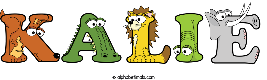 Kalie animal word art spelling Kalie with Alphabetimals - cartoon alphabet animals