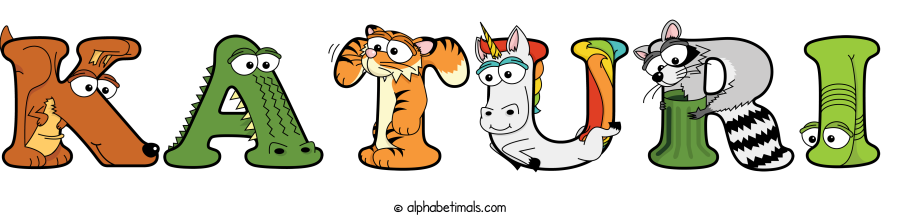 Katuri animal word art spelling Katuri with Alphabetimals - cartoon alphabet animals