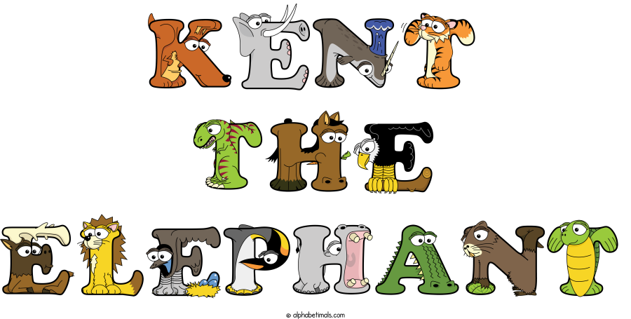 Kent The Elephant animal word art spelling Kent The Elephant with Alphabetimals - cartoon alphabet animals