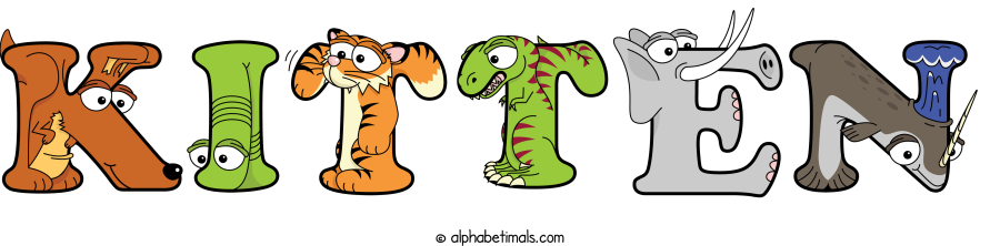 Kitten animal word art spelling Kitten with Alphabetimals - cartoon alphabet animals