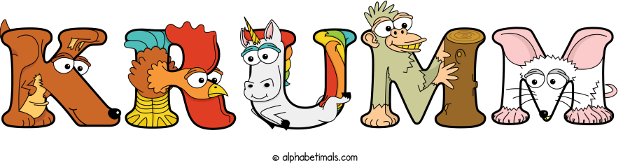 Krumm animal word art spelling Krumm with Alphabetimals - cartoon alphabet animals