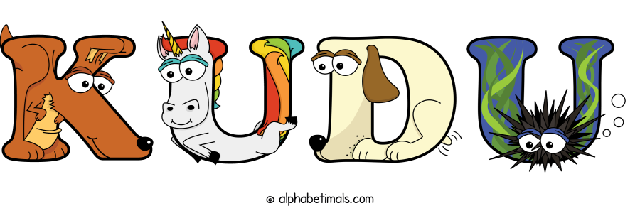 Kudu animal word art spelling Kudu with Alphabetimals - cartoon alphabet animals