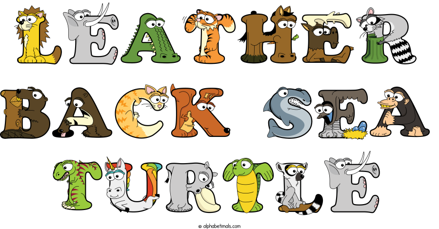Leather Back Sea Turtle animal word art spelling Leather Back Sea Turtle with Alphabetimals - cartoon alphabet animals