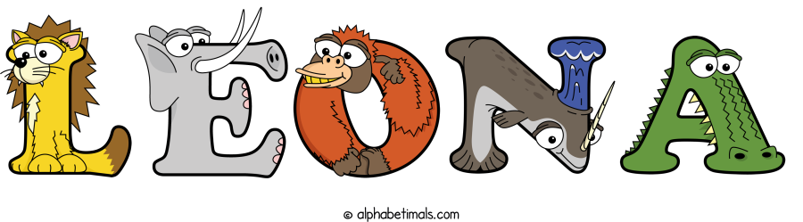 Leona animal word art spelling Leona with Alphabetimals - cartoon alphabet animals