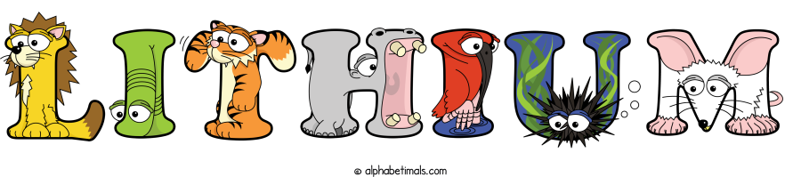 Lithium animal word art spelling Lithium with Alphabetimals - cartoon alphabet animals