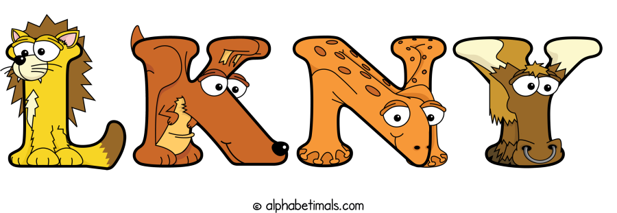 Lkny animal word art spelling Lkny with Alphabetimals - cartoon alphabet animals