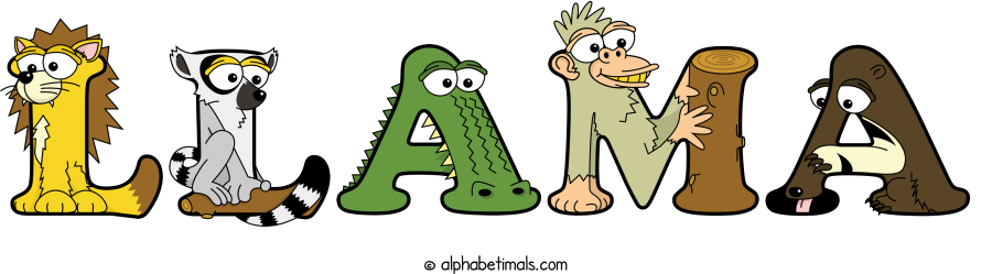 Llama animal word art spelling Llama with Alphabetimals - cartoon alphabet animals