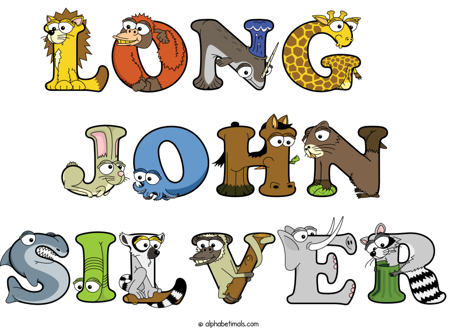 Long  John Silver animal word art spelling Long  John Silver with Alphabetimals - cartoon alphabet animals