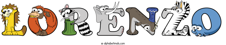 Lorenzo animal word art spelling Lorenzo with Alphabetimals - cartoon alphabet animals