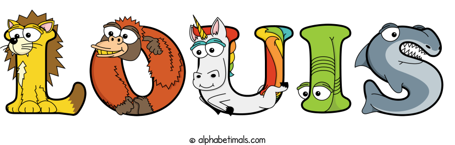 Louis animal word art spelling Louis with Alphabetimals - cartoon alphabet animals