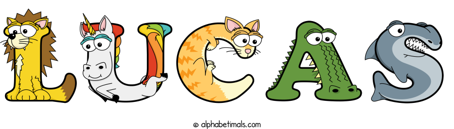 Lucas animal word art spelling Lucas with Alphabetimals - cartoon alphabet animals
