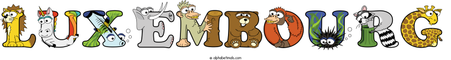 Luxembourg animal word art spelling Luxembourg with Alphabetimals - cartoon alphabet animals