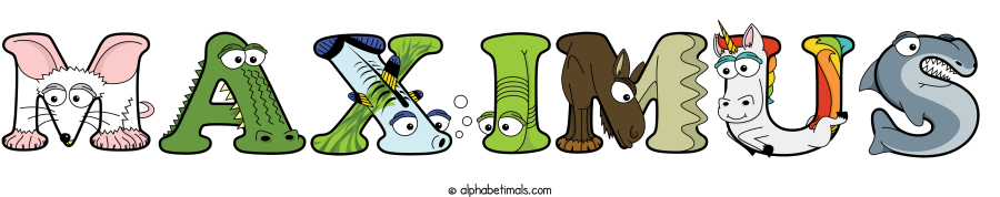 Maximus animal word art spelling Maximus with Alphabetimals - cartoon alphabet animals