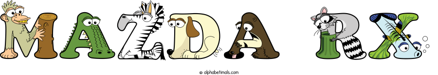 Mazda Rx animal word art spelling Mazda Rx with Alphabetimals - cartoon alphabet animals