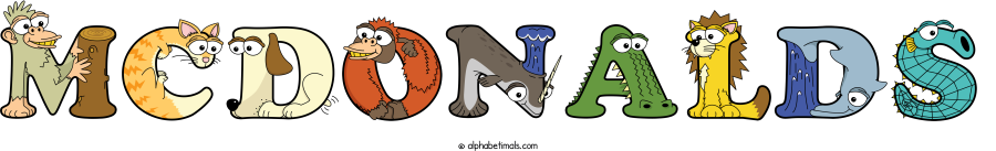 Mcdonalds animal word art spelling Mcdonalds with Alphabetimals - cartoon alphabet animals