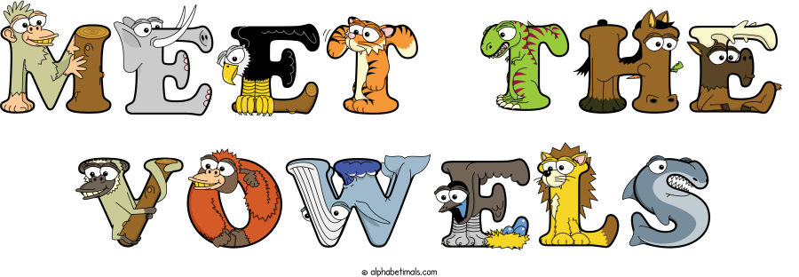 Meet The Vowels animal word art spelling Meet The Vowels with Alphabetimals - cartoon alphabet animals