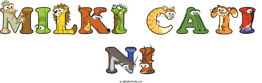 Milki Cati Ni animal word art spelling Milki Cati Ni with Alphabetimals - cartoon alphabet animals