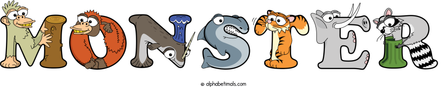Monster animal word art spelling Monster with Alphabetimals - cartoon alphabet animals