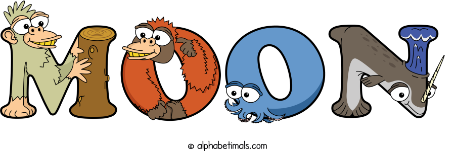 Moon animal word art spelling Moon with Alphabetimals - cartoon alphabet animals