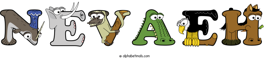 Nevaeh animal word art spelling Nevaeh with Alphabetimals - cartoon alphabet animals