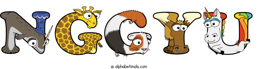 Nggyu animal word art spelling Nggyu with Alphabetimals - cartoon alphabet animals