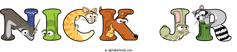 Nick Jr animal word art spelling Nick Jr with Alphabetimals - cartoon alphabet animals