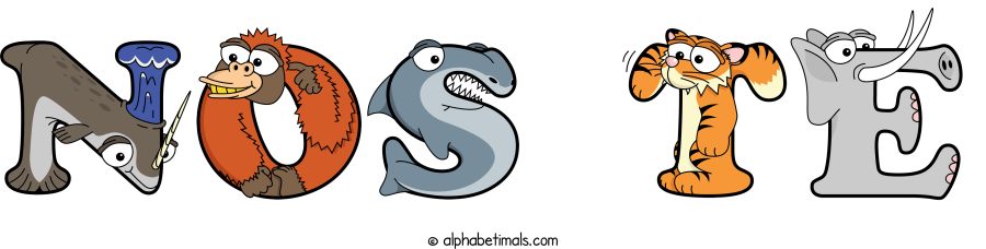 Nos Te animal word art spelling Nos Te with Alphabetimals - cartoon alphabet animals