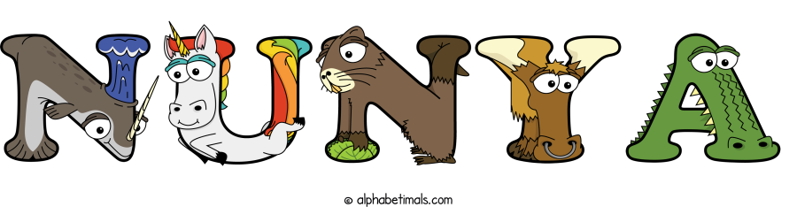 Nunya animal word art spelling Nunya with Alphabetimals - cartoon alphabet animals